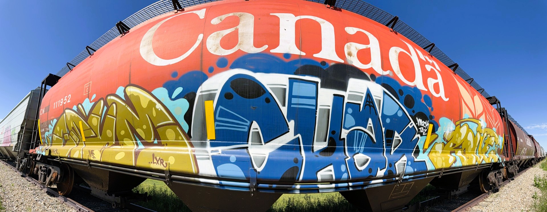 Panoramic Railcar Graffiti near Watrous, SK July 26, 2025